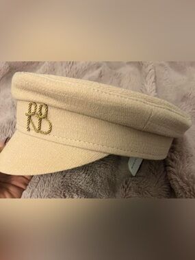 Cream Baker Boy Cap with Gold Rope Monogram Accent